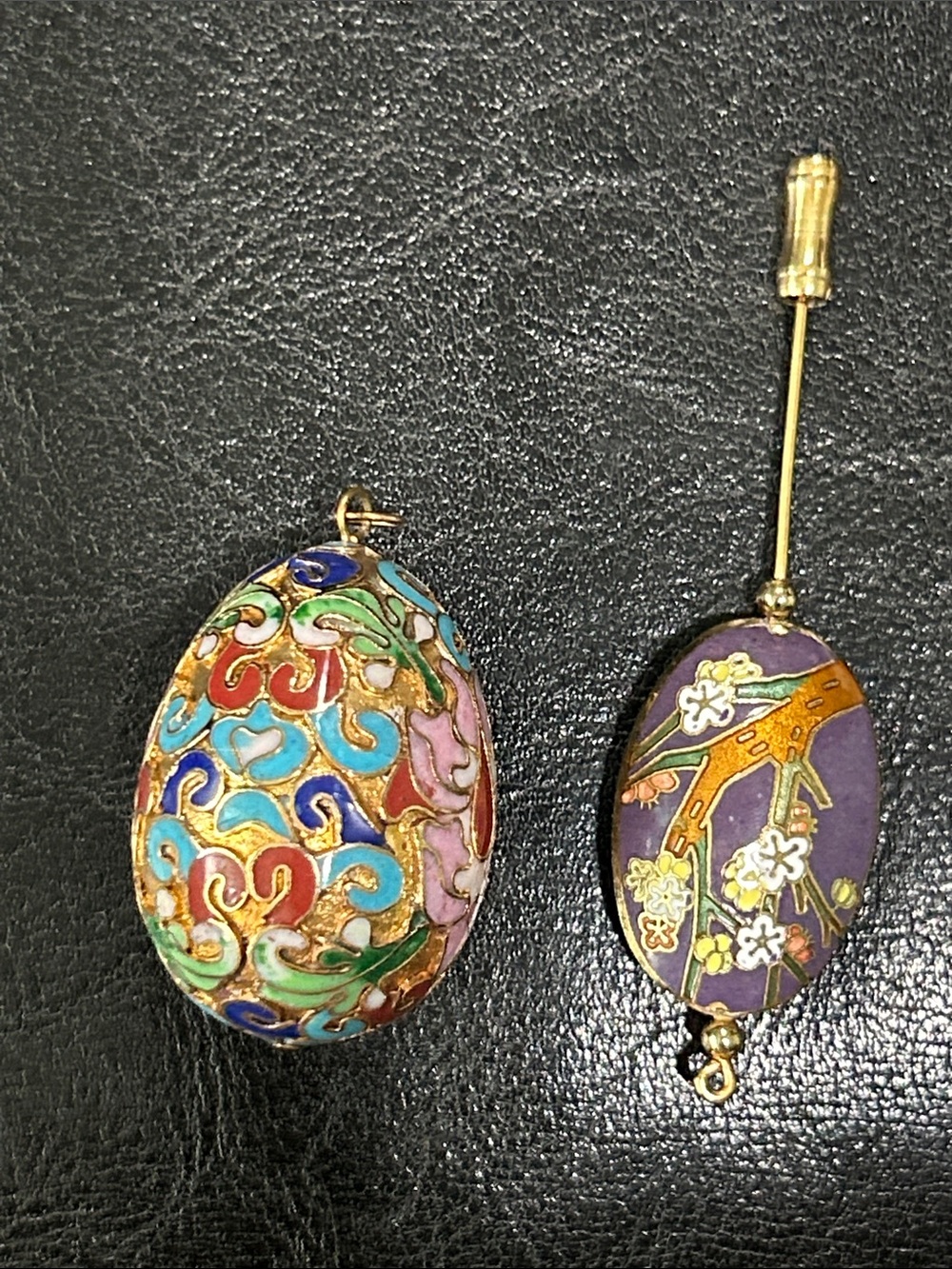 Vintage Chinese Cloisonné Egg Pendant & Purple Floral Stick Pin Set